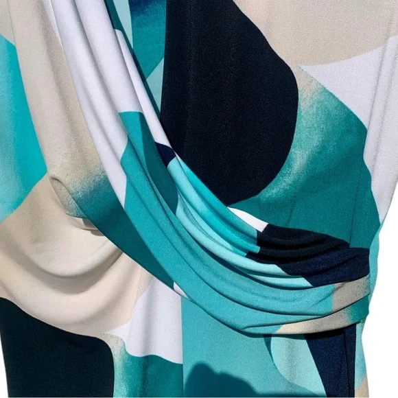 DKNY Women's Abstract Teal and Black Drape Neck Blouse In Excellent Condition - Picture 3 of 4